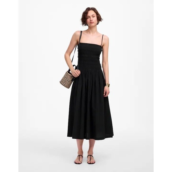 Madewell Black Smocked Bodice Midi Dress‎ Spaghetti Straps Flounce Skirt NWT